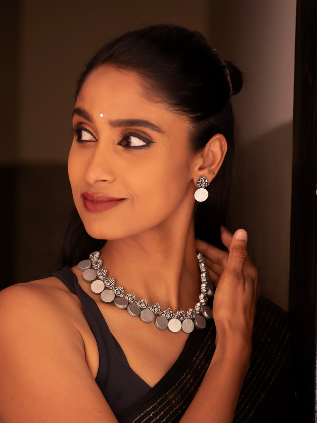 Antique Silver Floral Circular Coins Handmade Terracotta Necklace Set