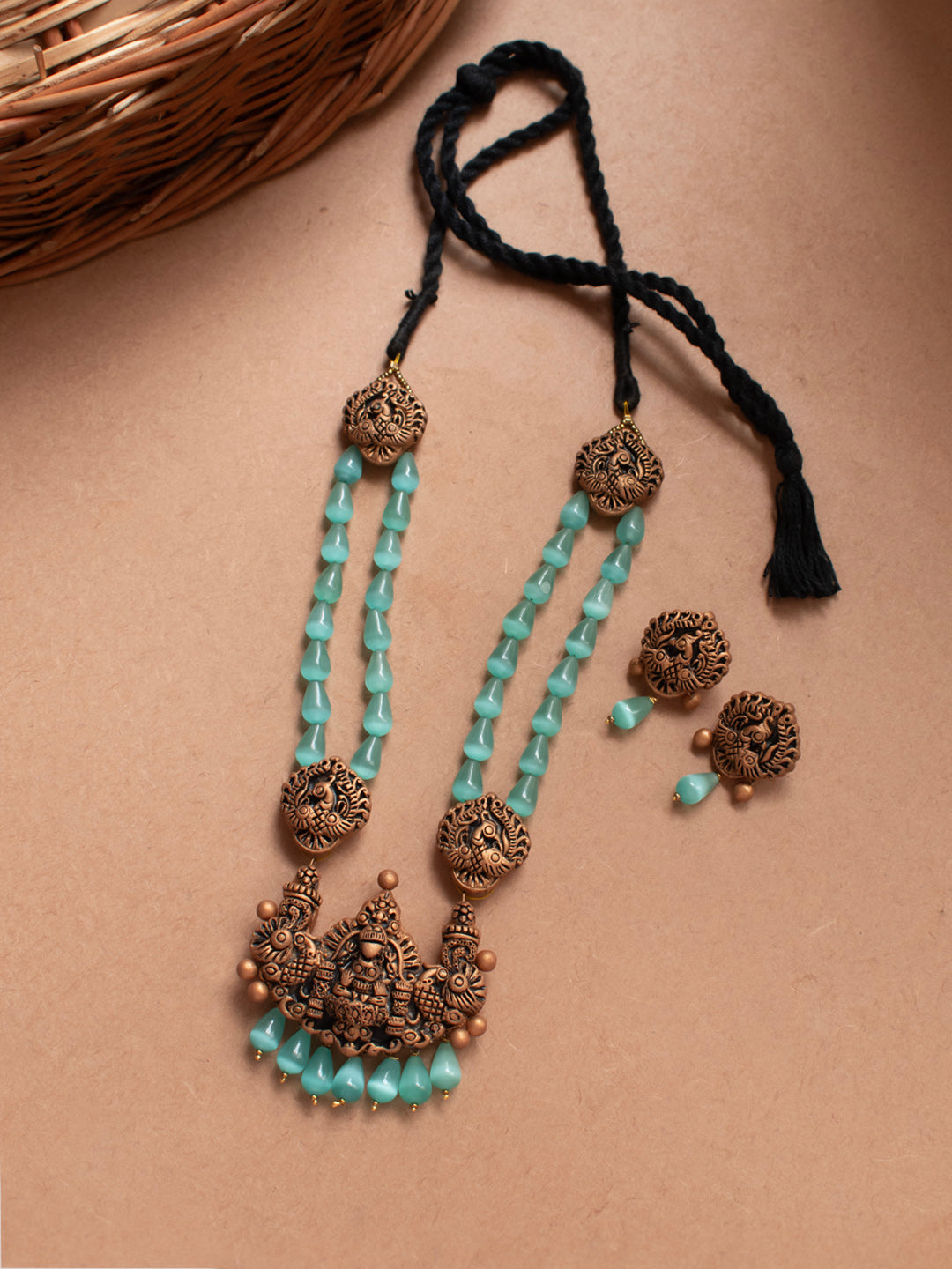 Gold and Teal Blue Nagas Design Lakshmi Peacock Design Haram Style Handmade Terracotta Necklace Set