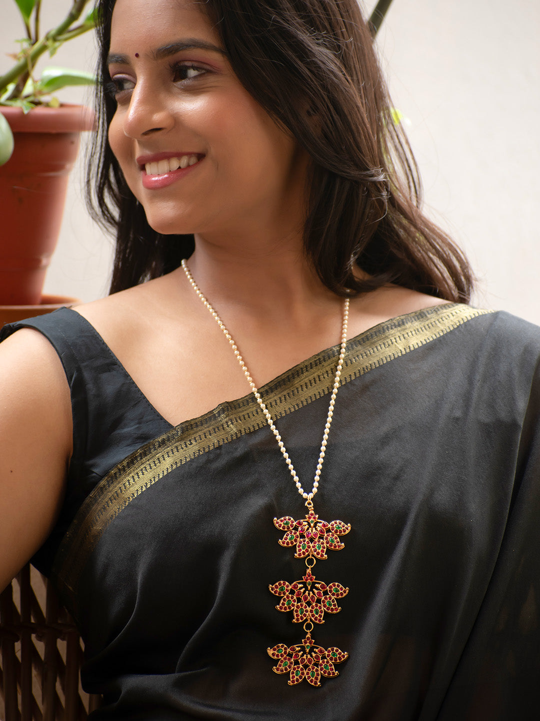 Premium Gold Finish Red and Green Kemp Stone Temple Necklace with Pearls