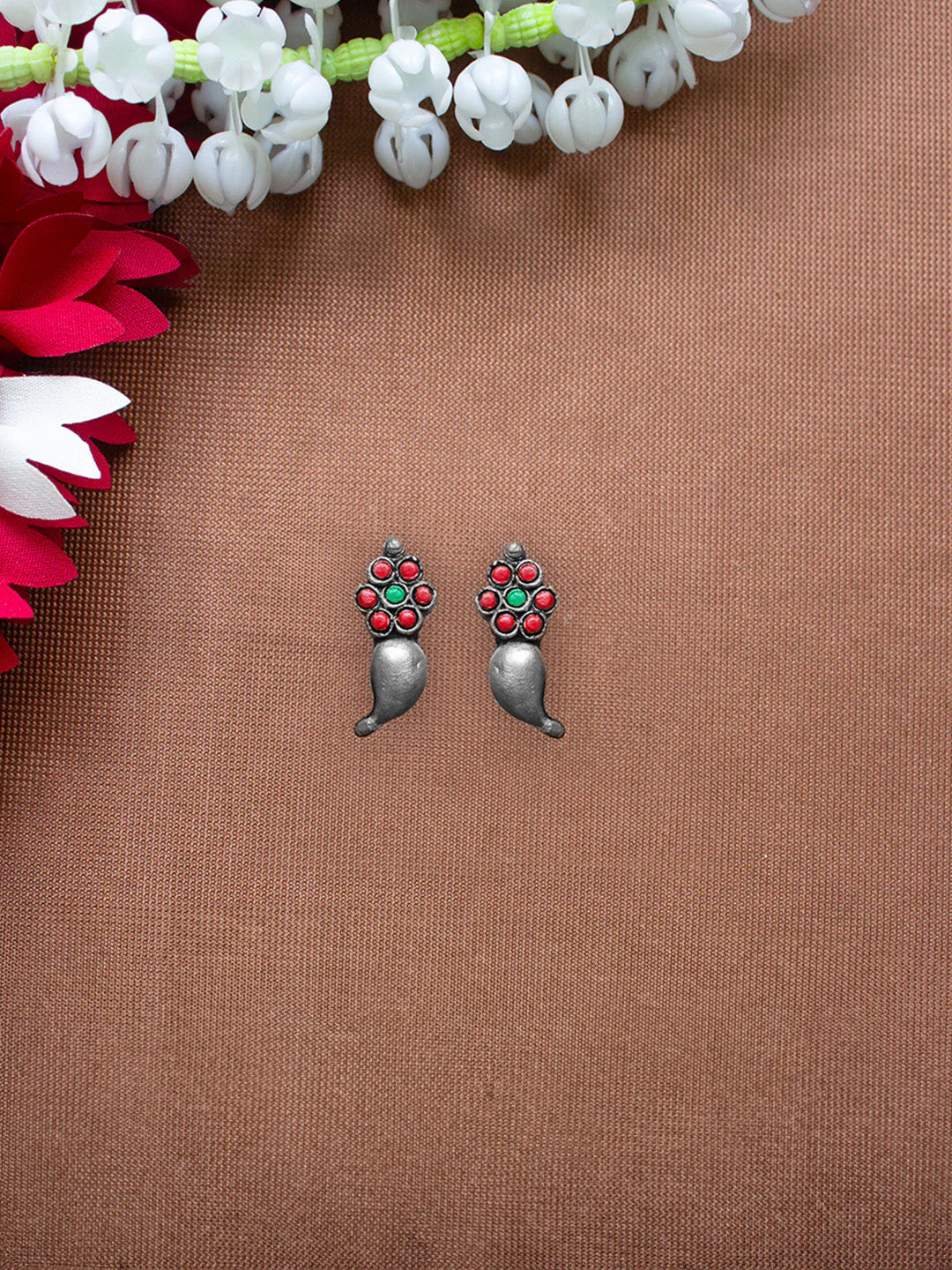 Silver Gold Green Red Flower Mango Design Handmade Terracotta Necklace Set