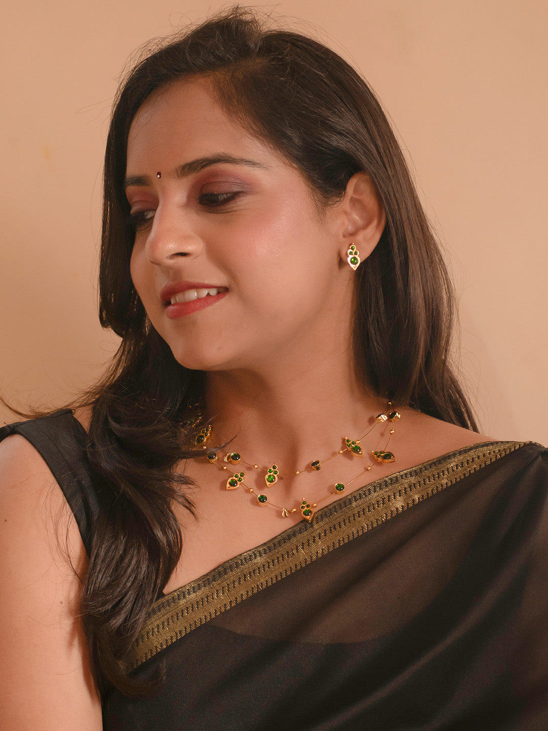 Premium Gold Finish Green Two Layered Kemp Stones Necklace Set