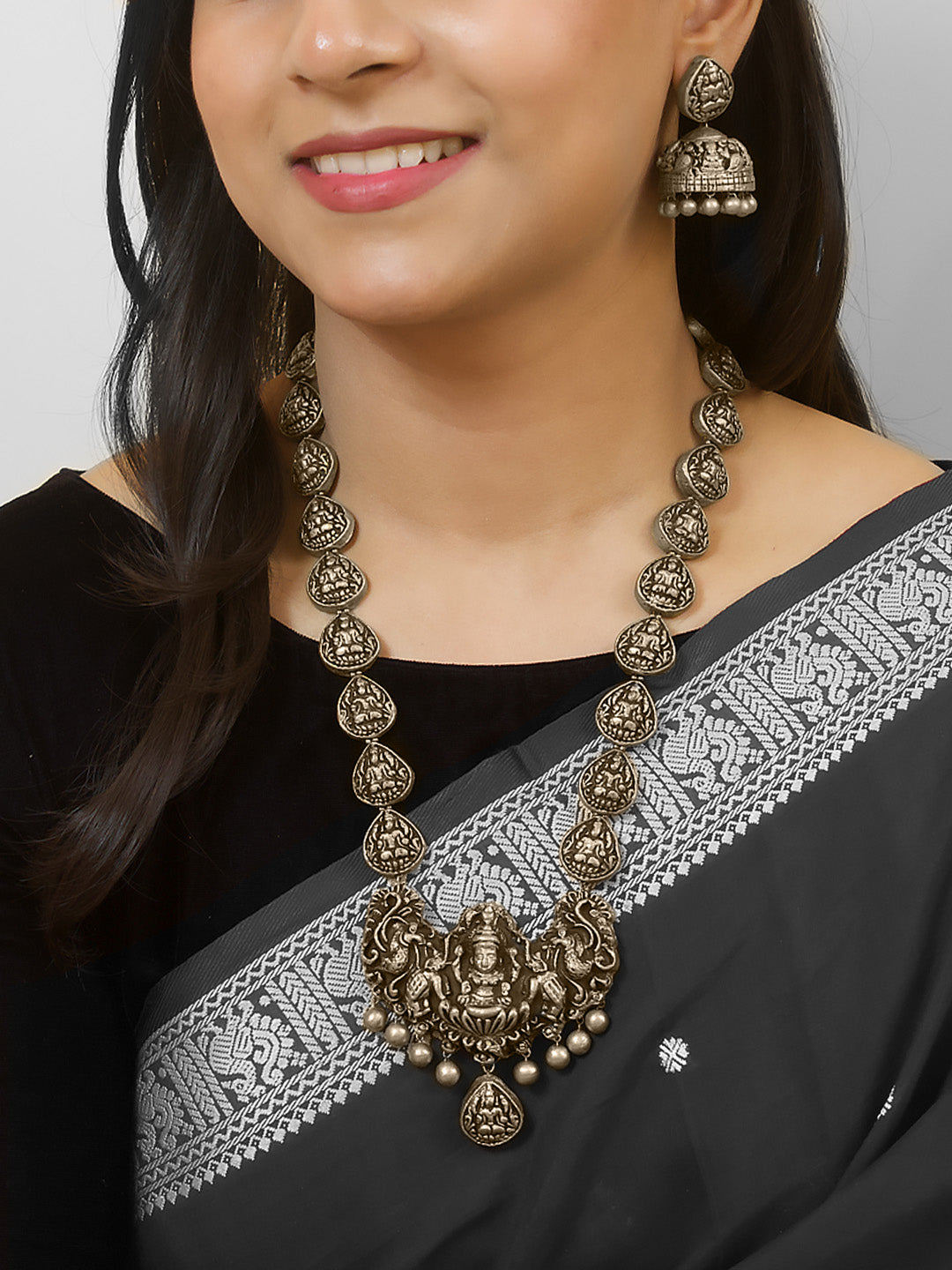 Antique Silver Lakshmi Design Long Haram Handmade Terracotta Necklace