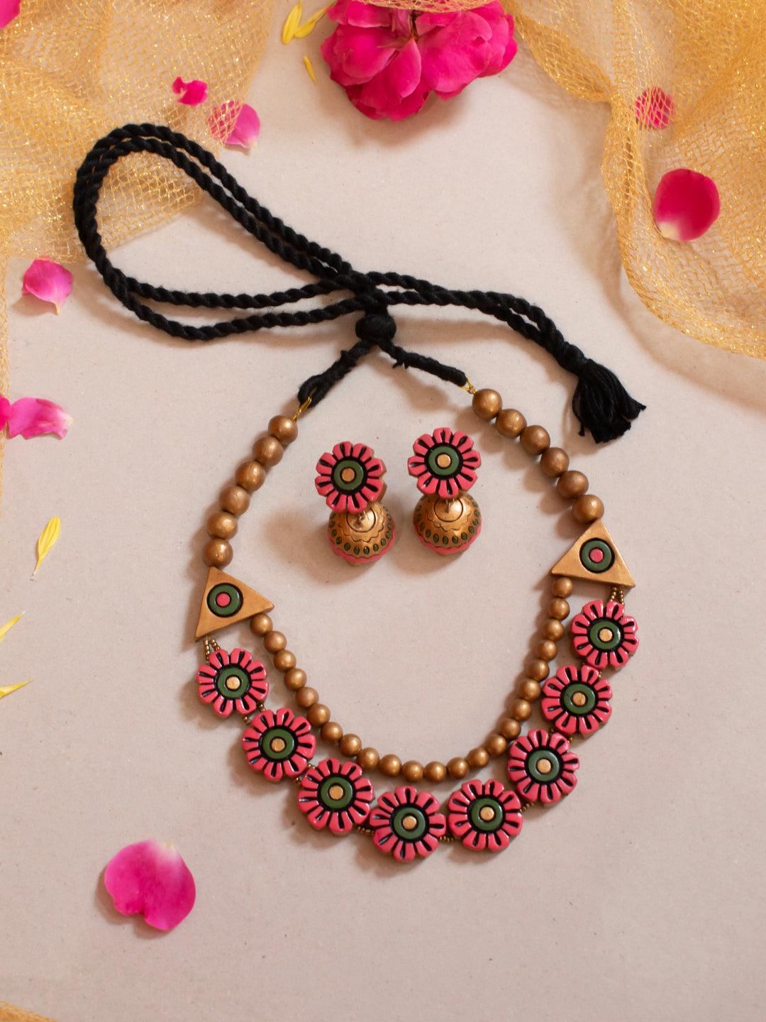 Pink Green and Gold Floral Design Handmade Terracotta Necklace Set