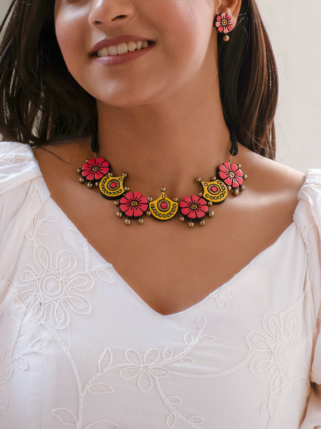 Pink and Yellow Floral Design Handmade Terracotta Necklace Set