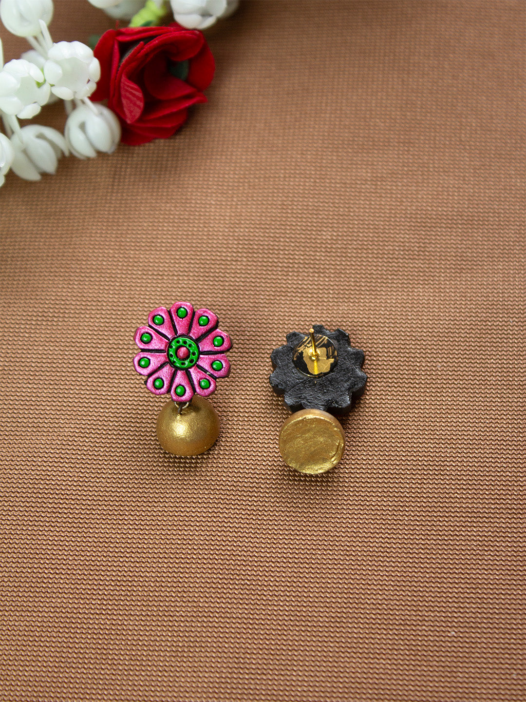 Metallic Pink Green and Gold Flower Design Hand-Painted Terracotta Earrings