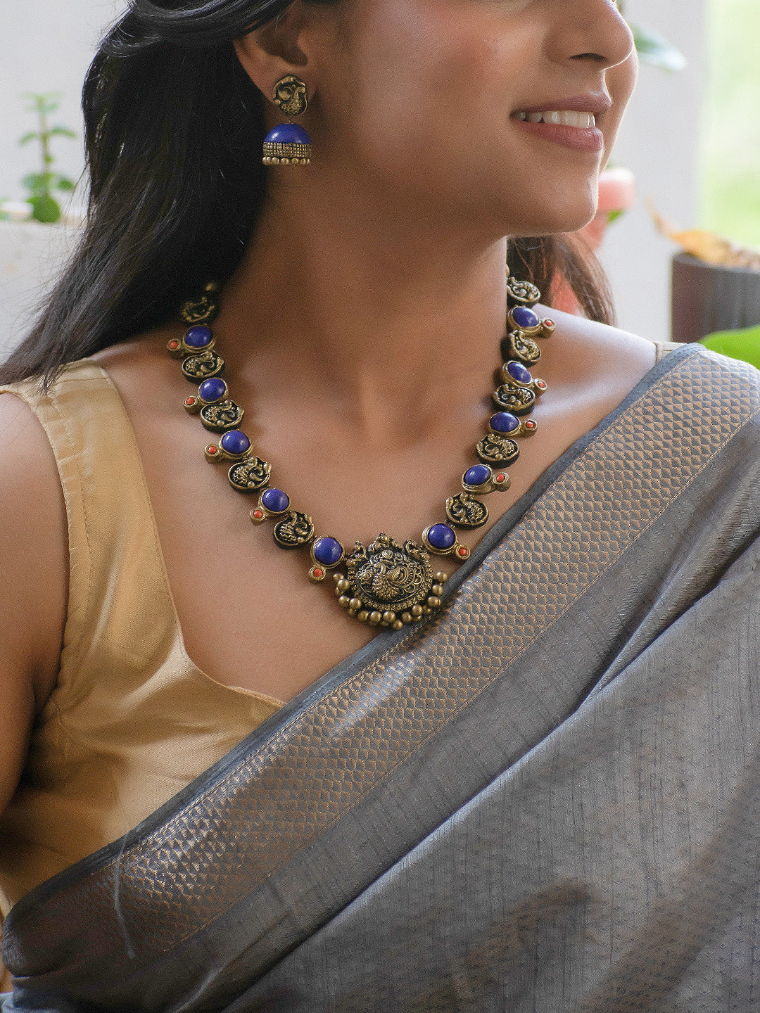 Antique Gold Purple and Orange Peacock Design Handmade Terracotta Necklace Set