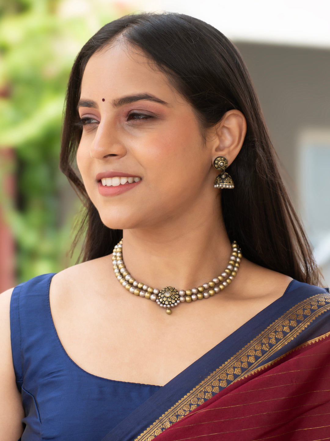 Antique Gold Silver Two Layered Floral Pendant Handmade Terracotta Victorian Choker Necklace Set