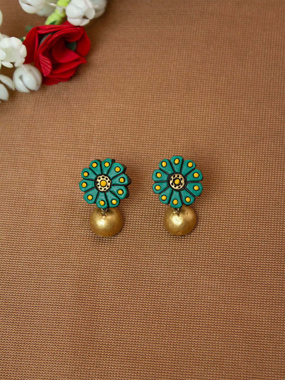 Green and Gold Flower Design Hand-Painted Terracotta Earrings