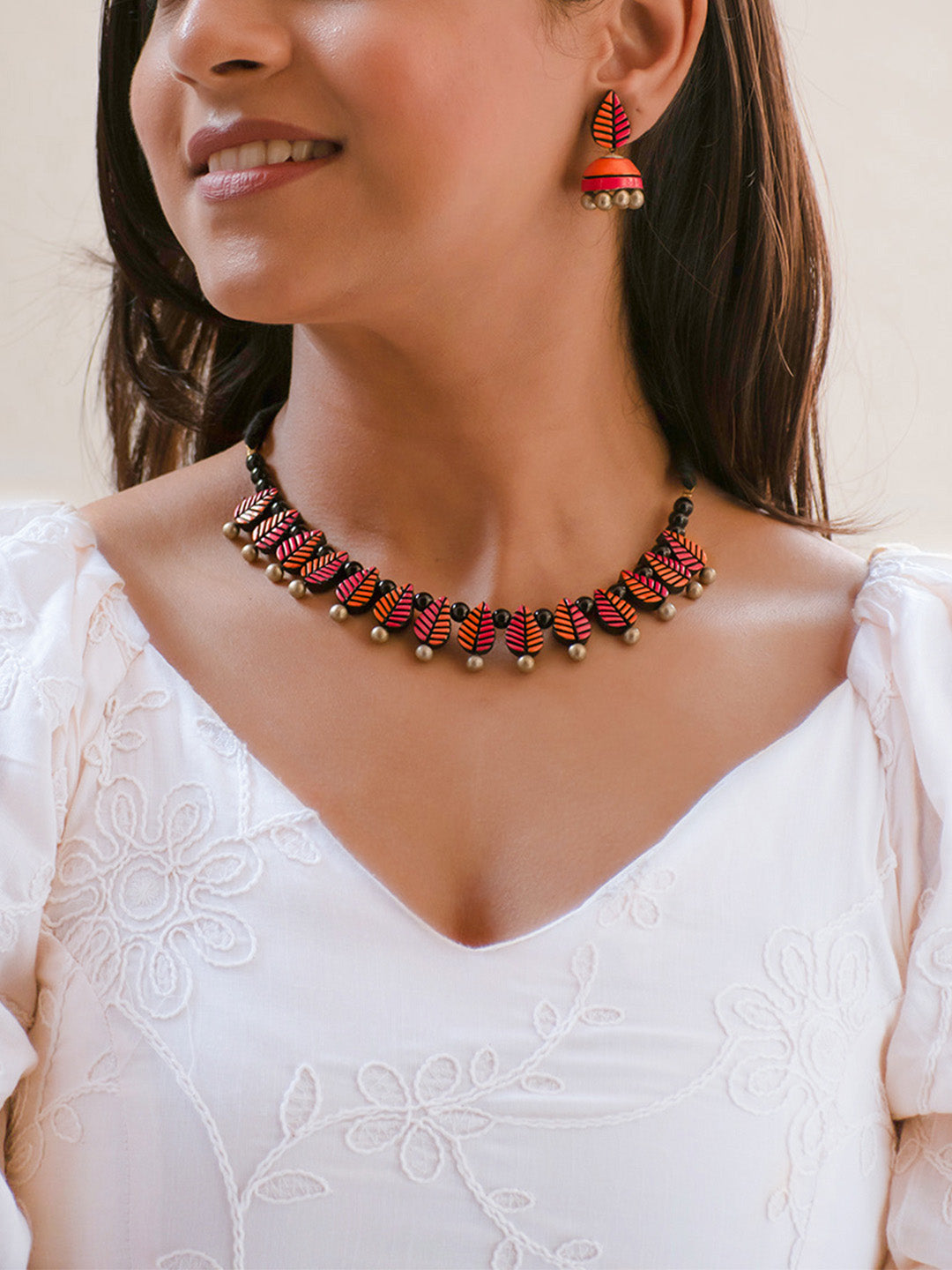 Pink Orange and Black Leaf Design Handmade Terracotta Necklace Set