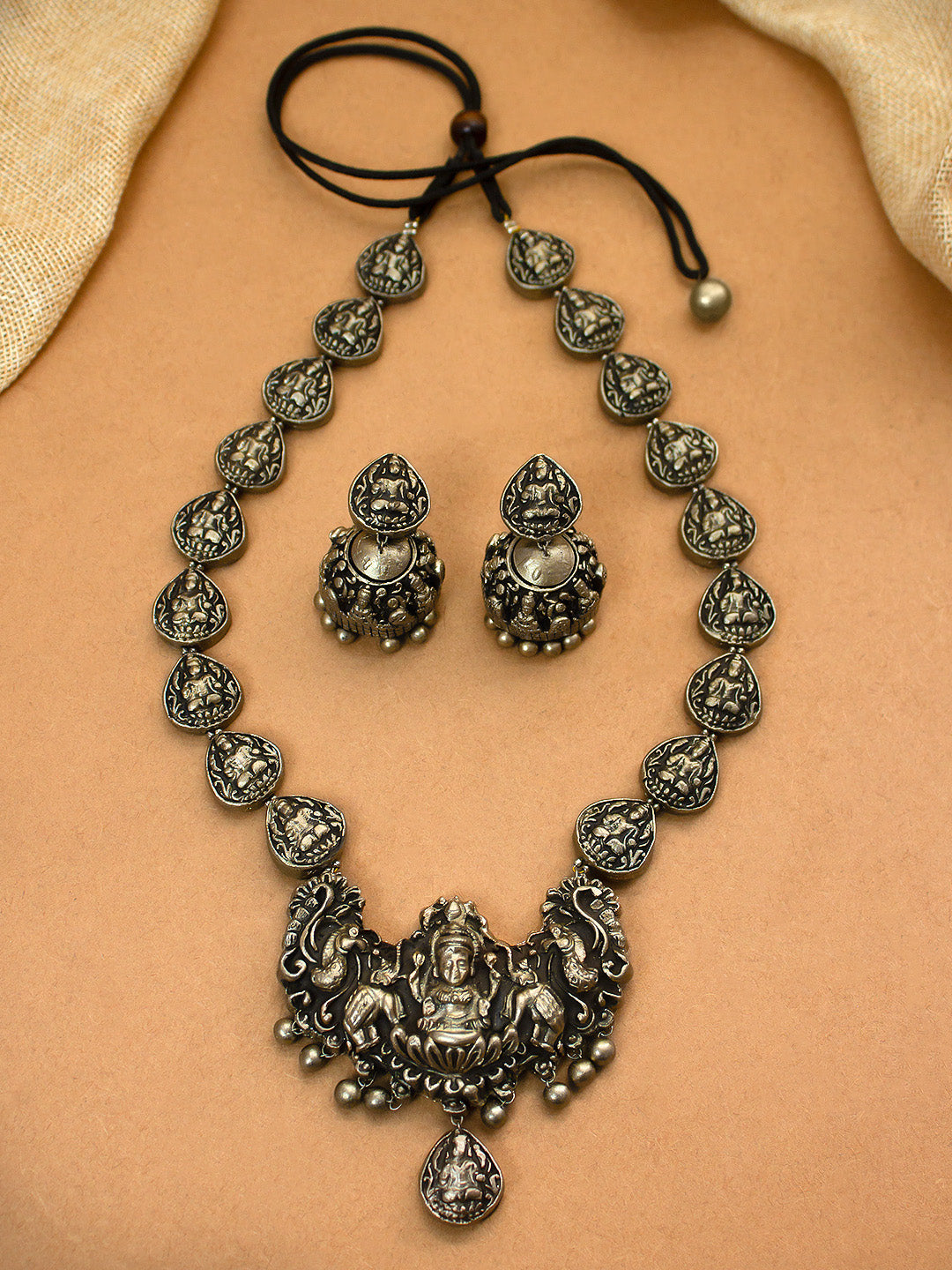 Antique Silver Lakshmi Design Long Haram Handmade Terracotta Necklace Set