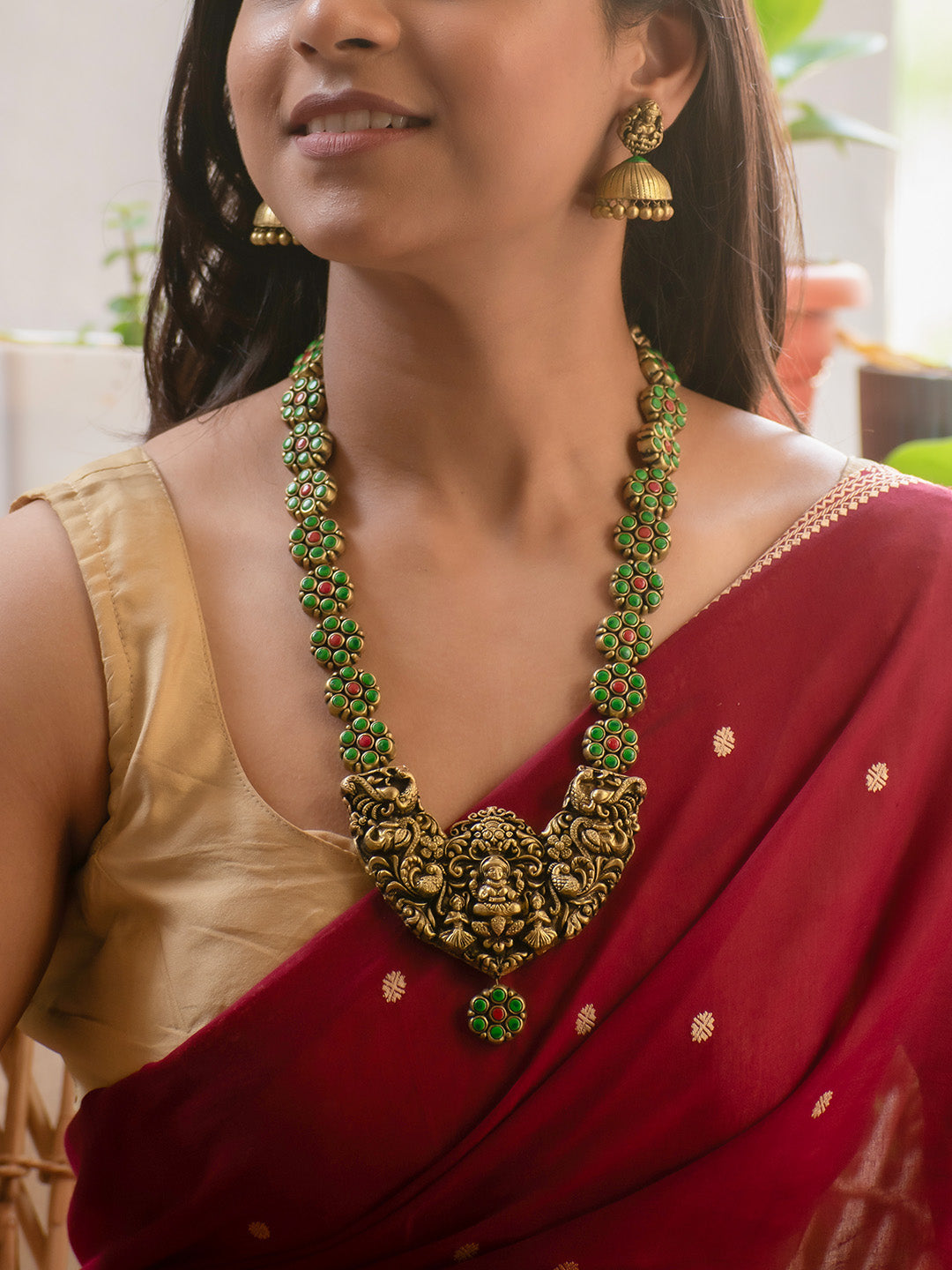 Antique Gold Green and Red Peacock and Lakshmi Design Handmade Terracotta Necklace Set