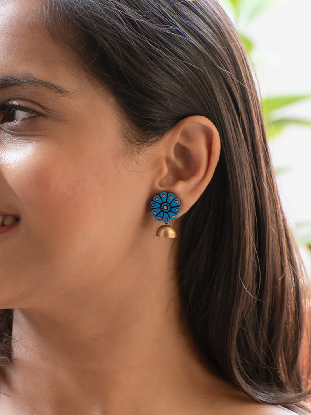 Blue and Gold Flower Design Hand-Painted Terracotta Earrings