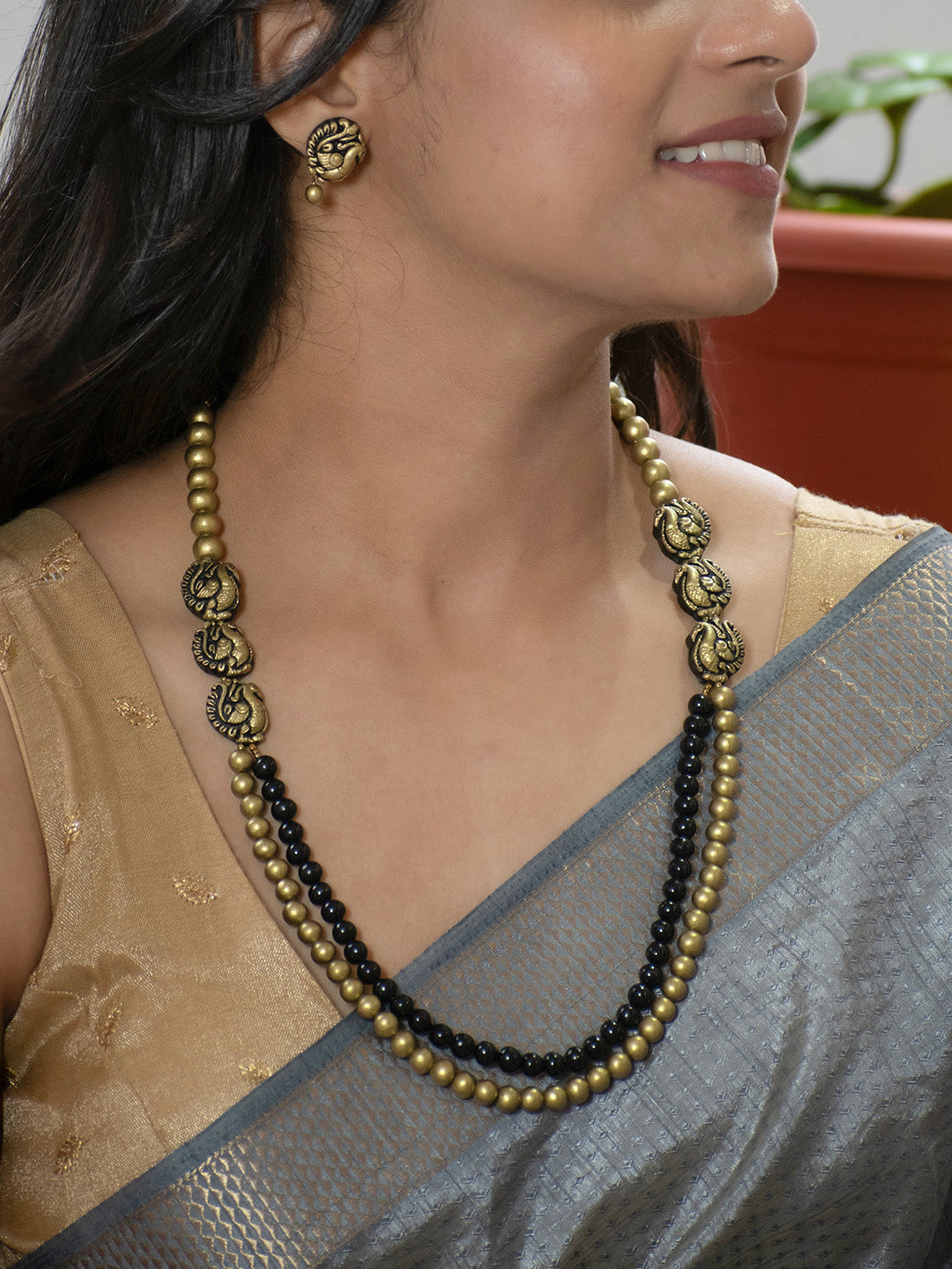 Antique Gold and Black Two-Layered Peacock Design Handmade Terracotta Necklace Set