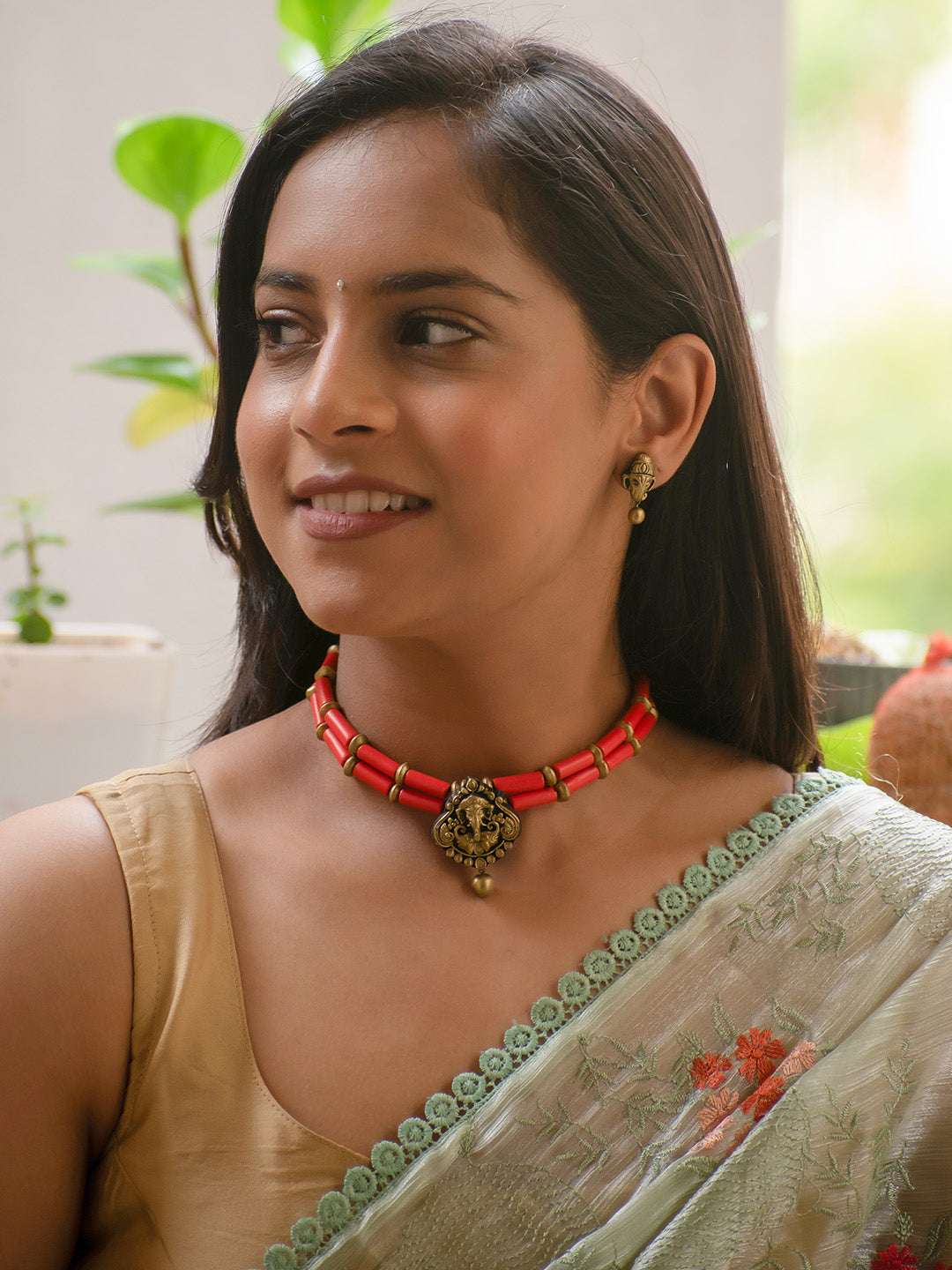 Antique Gold and Orange Two-Layered Cylindrical Tubes Ganesha Choker Handmade Terracotta Necklace Set