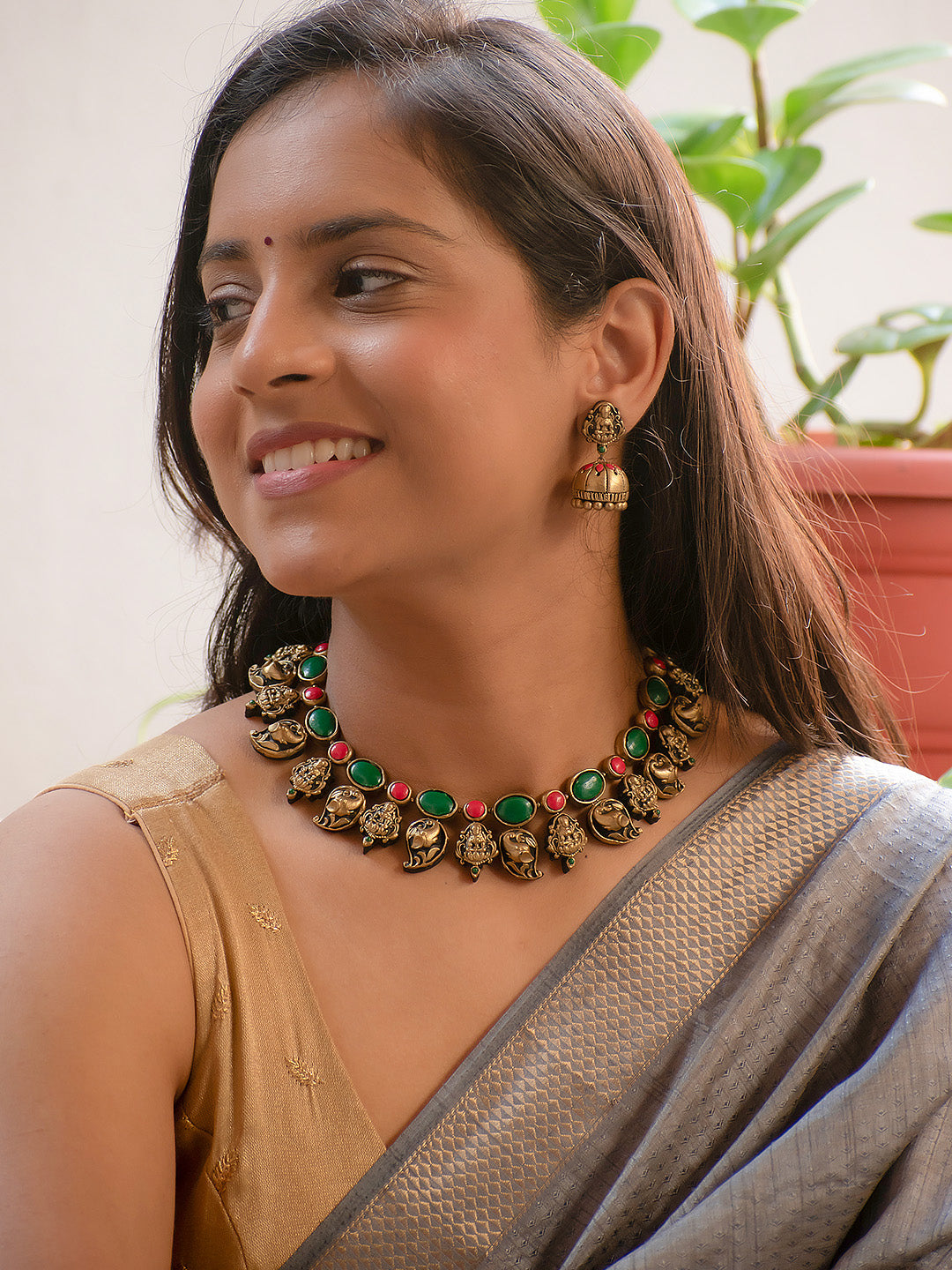 Antique Gold Red Green Lakshmi and Elephant Design Handmade Terracotta Necklace Set