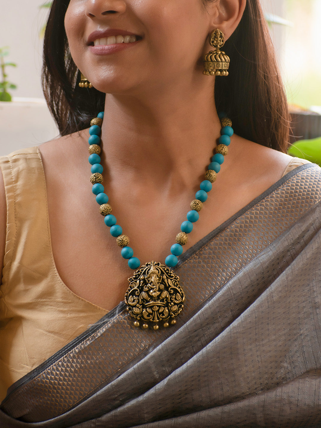 Antique Gold and Blue Ganesha Design Handmade Terracotta Necklace Set