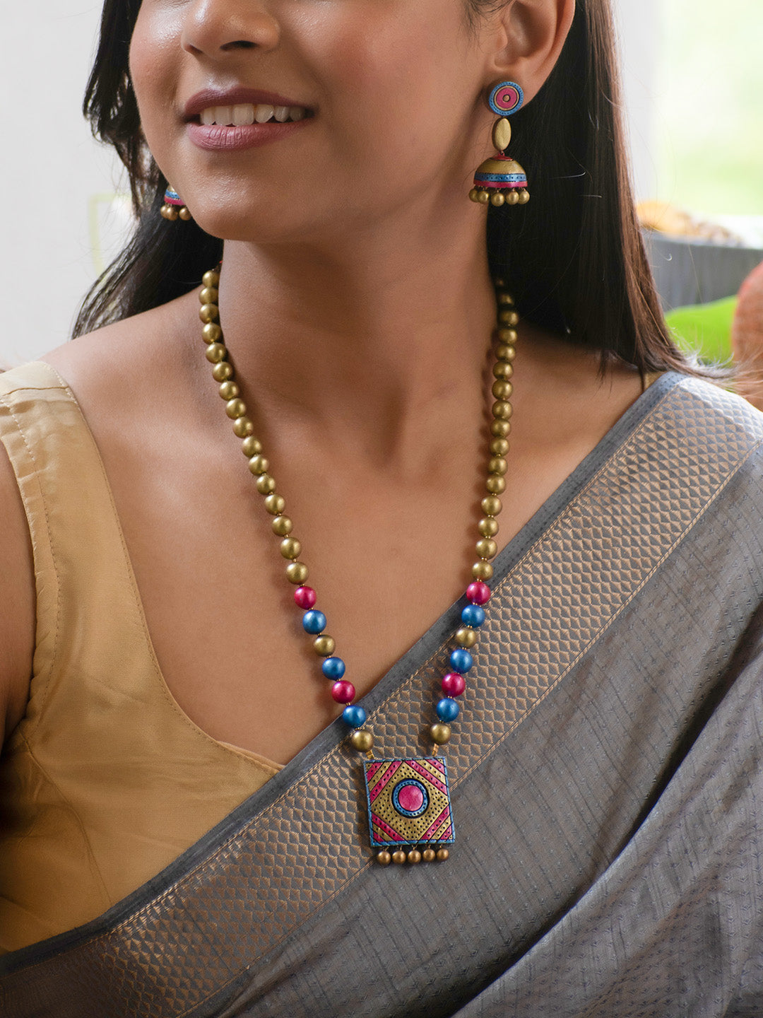 Multicolor Square Design Handmade Terracotta Necklace Set