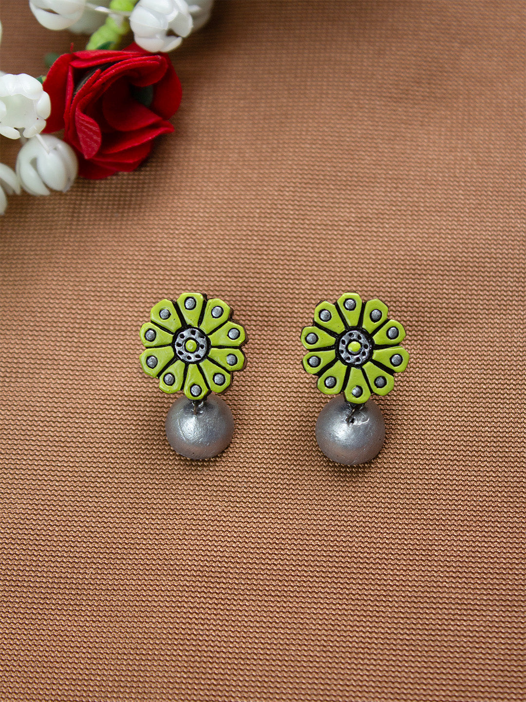 Green and Silver Flower Design Hand-Painted Terracotta Earrings