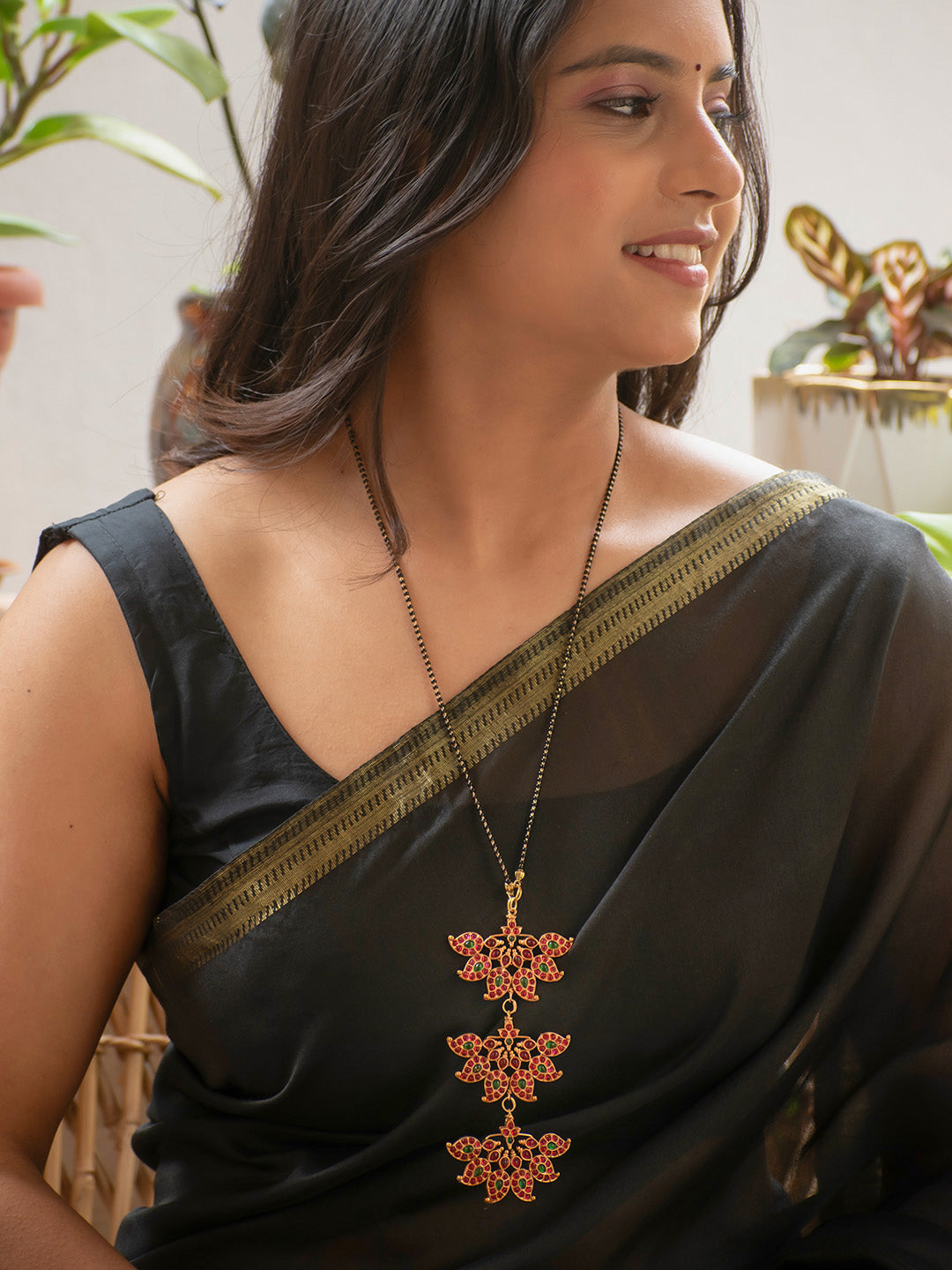 Premium Gold Finish Red and Green Kemp Stone Temple Necklace with Mangalsutra Chain