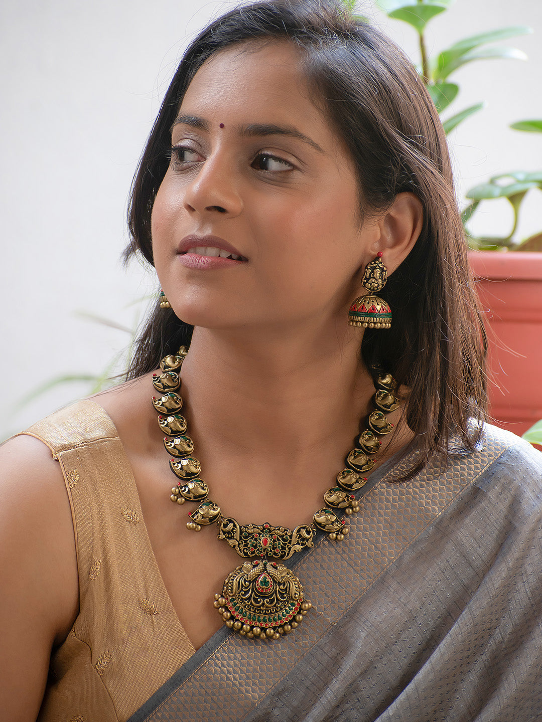 Antique Gold Green and Red Peacock and Ganesha Design Handmade Terracotta Necklace Set