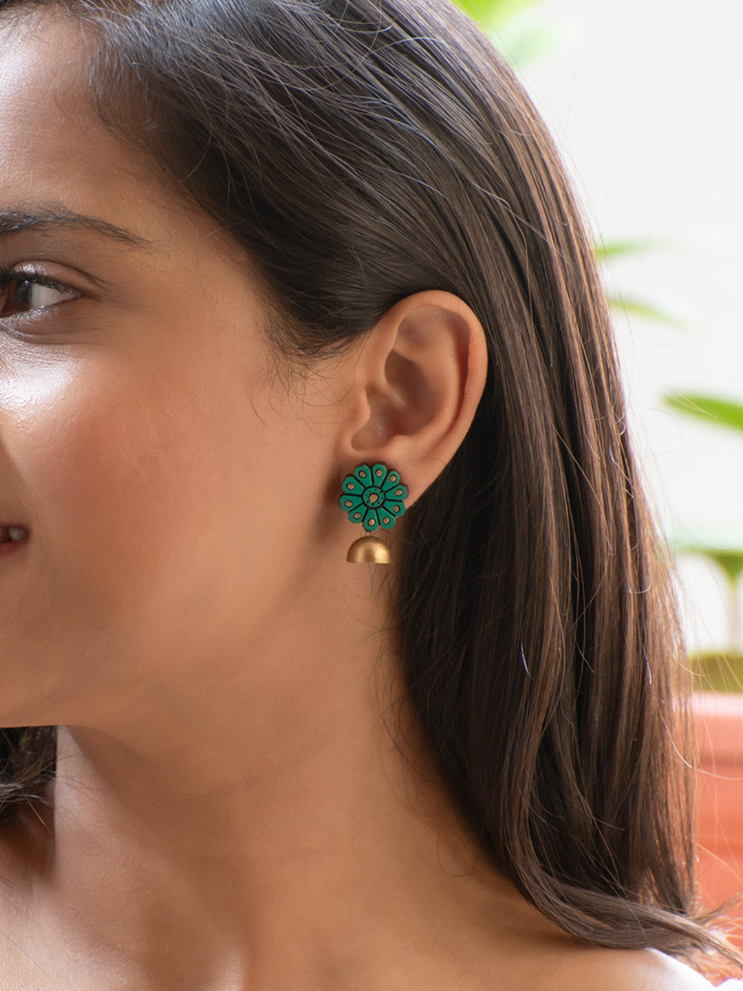 Emerald Green and Gold Flower Design Hand-Painted Terracotta Earrings