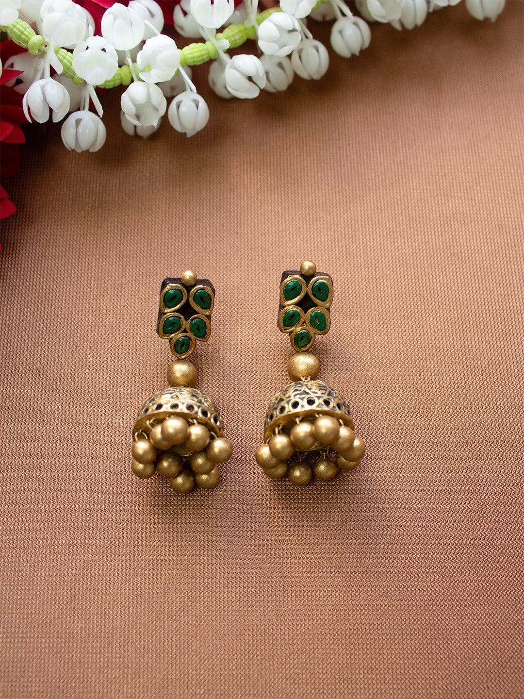 Antique Gold and Green Leaf Design Handmade Terracotta Necklace Set