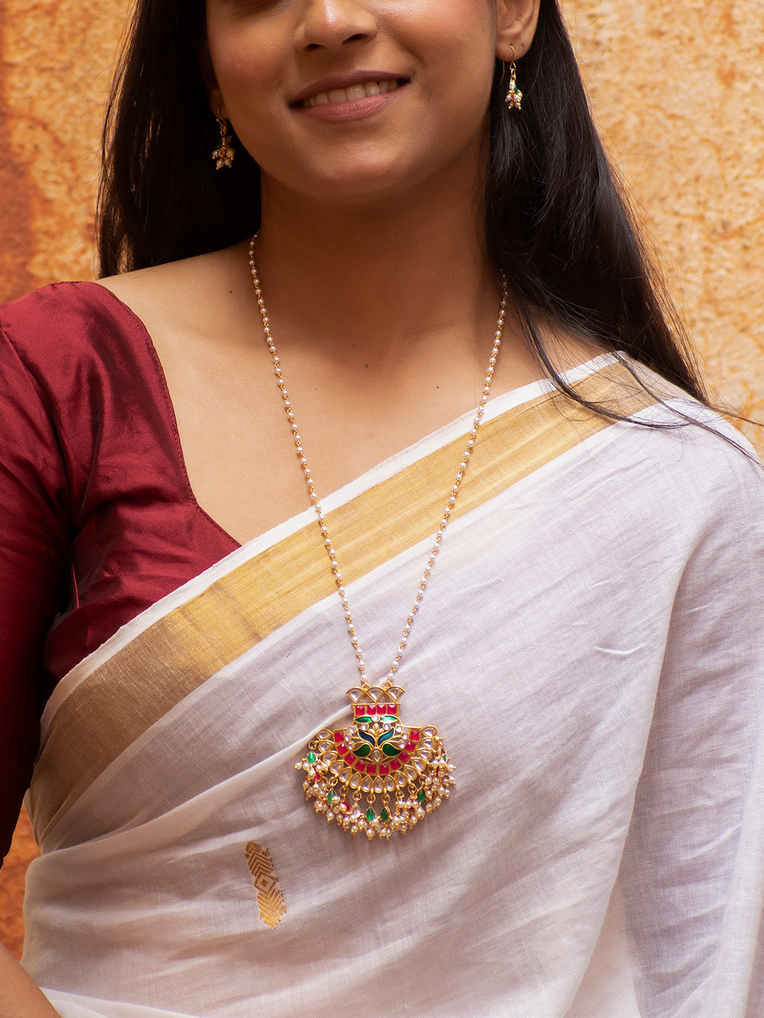 Premium Gold Finish Red Green Kundan Stone Pearls Chain Necklace Set