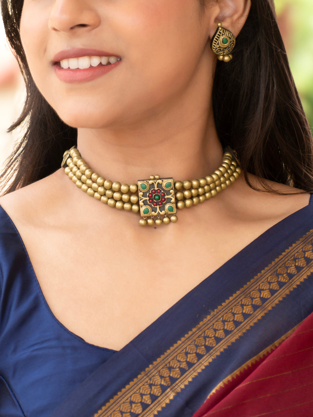 Antique Gold Red Green Square Pendant Victorian Choker Handmade Terracotta Necklace Set