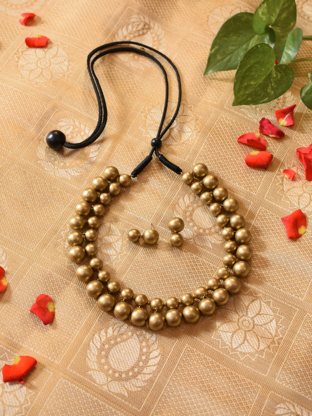 Antique Gold Circular Pattern Beaded Handmade Terracotta Necklace Set