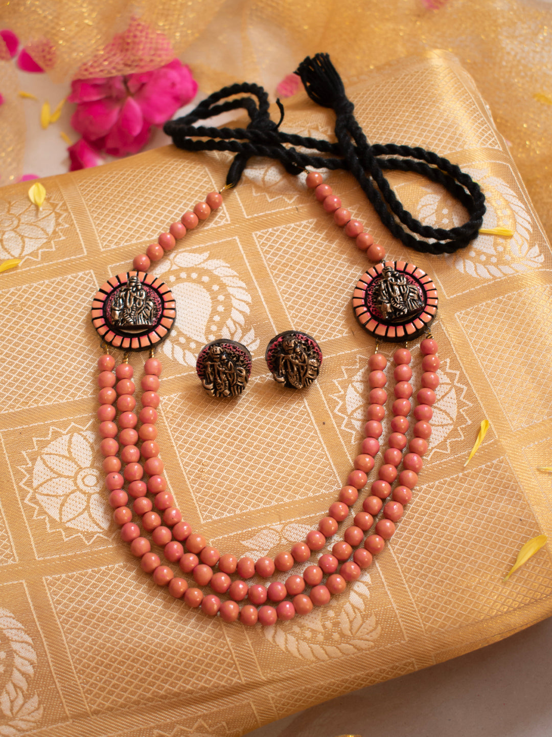 Peach and Antique Gold Three Layered Mala Krishna Design Handmade Terracotta Necklace Set