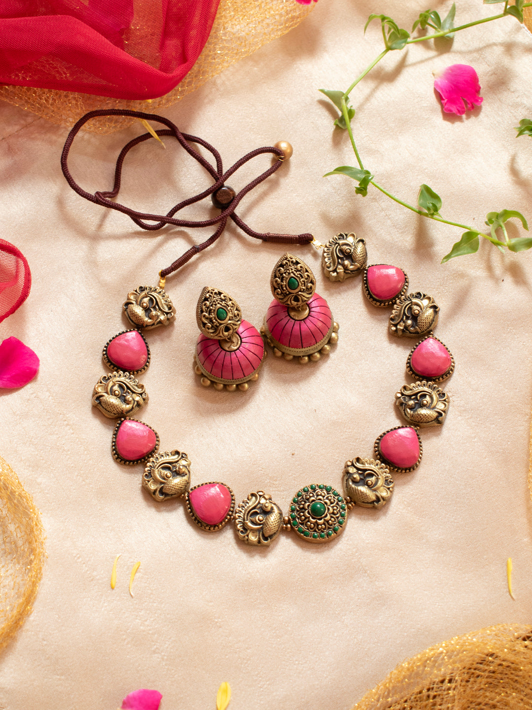 Antique Gold Pink Green Peacock Pear Shape Design Minimalistic Handmade Terracotta Necklace Set