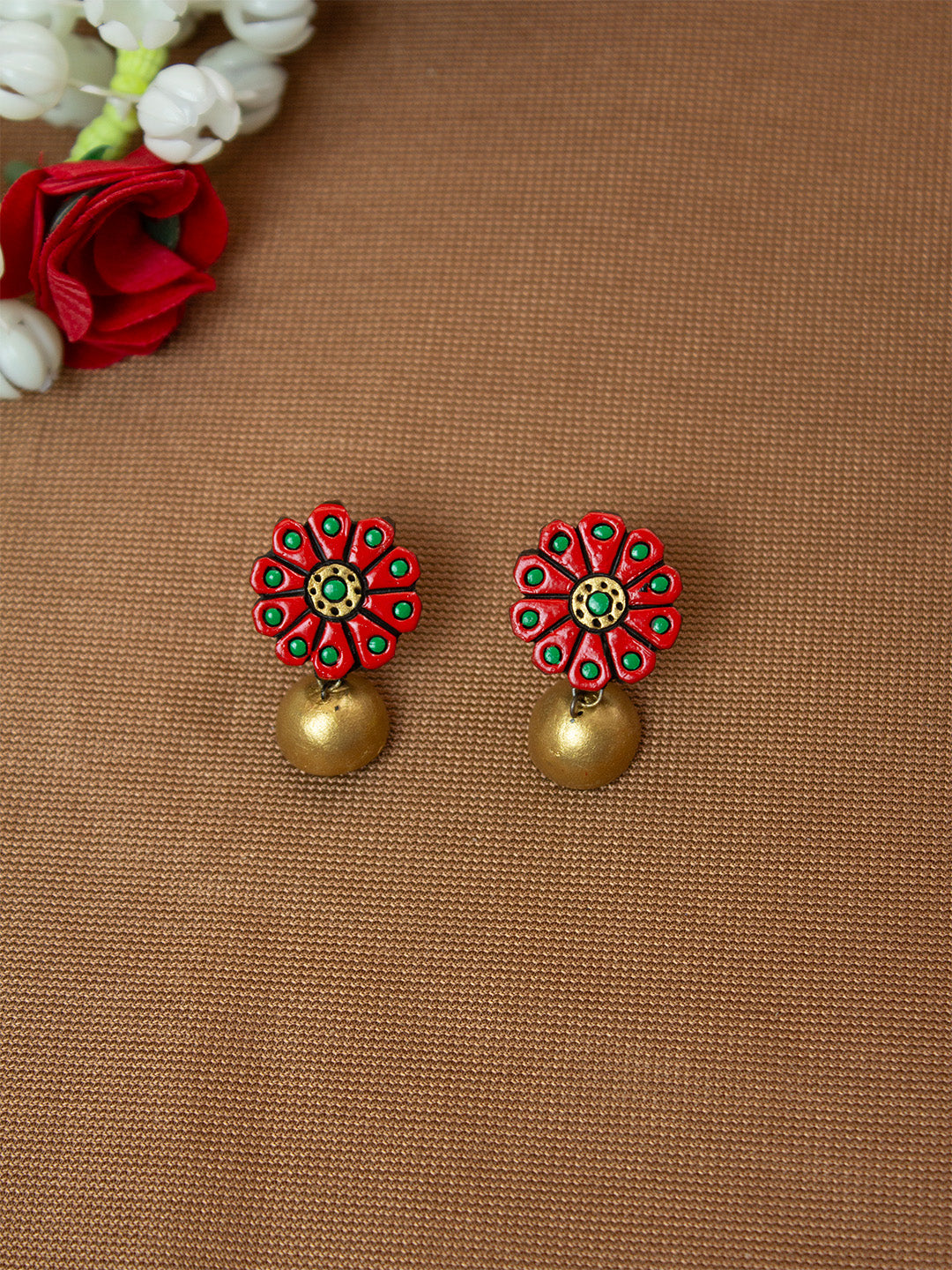 Red and Gold Flower Design Hand-Painted Terracotta Earrings