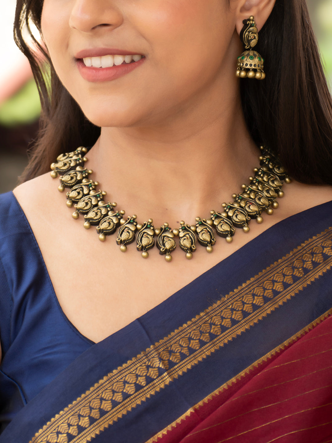 Antique Gold Red Green Peacock Design Handmade Terracotta Necklace Set