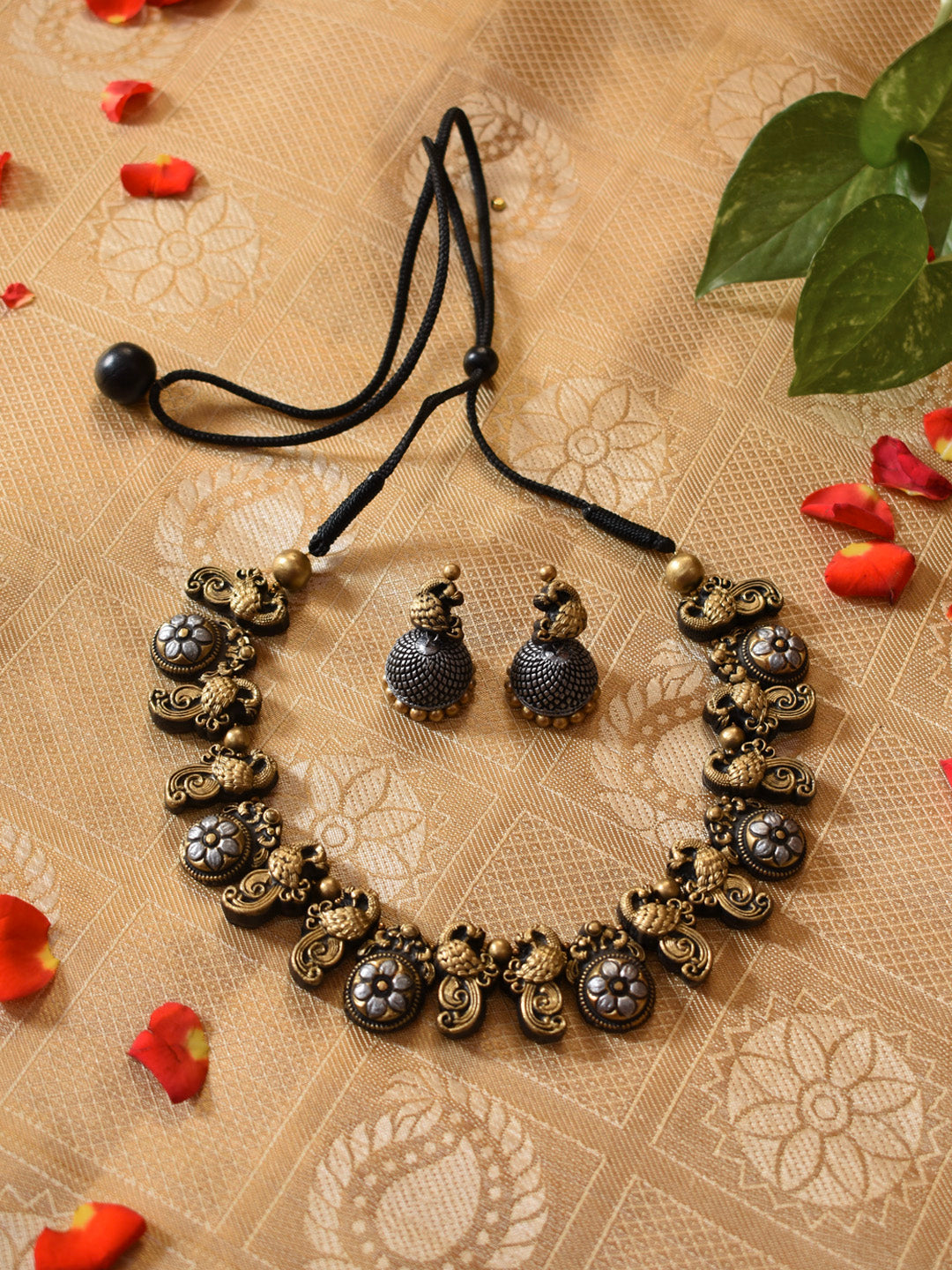 Antique Gold Silver Peacock and Circular Floral Design Handmade Terracotta Necklace Set
