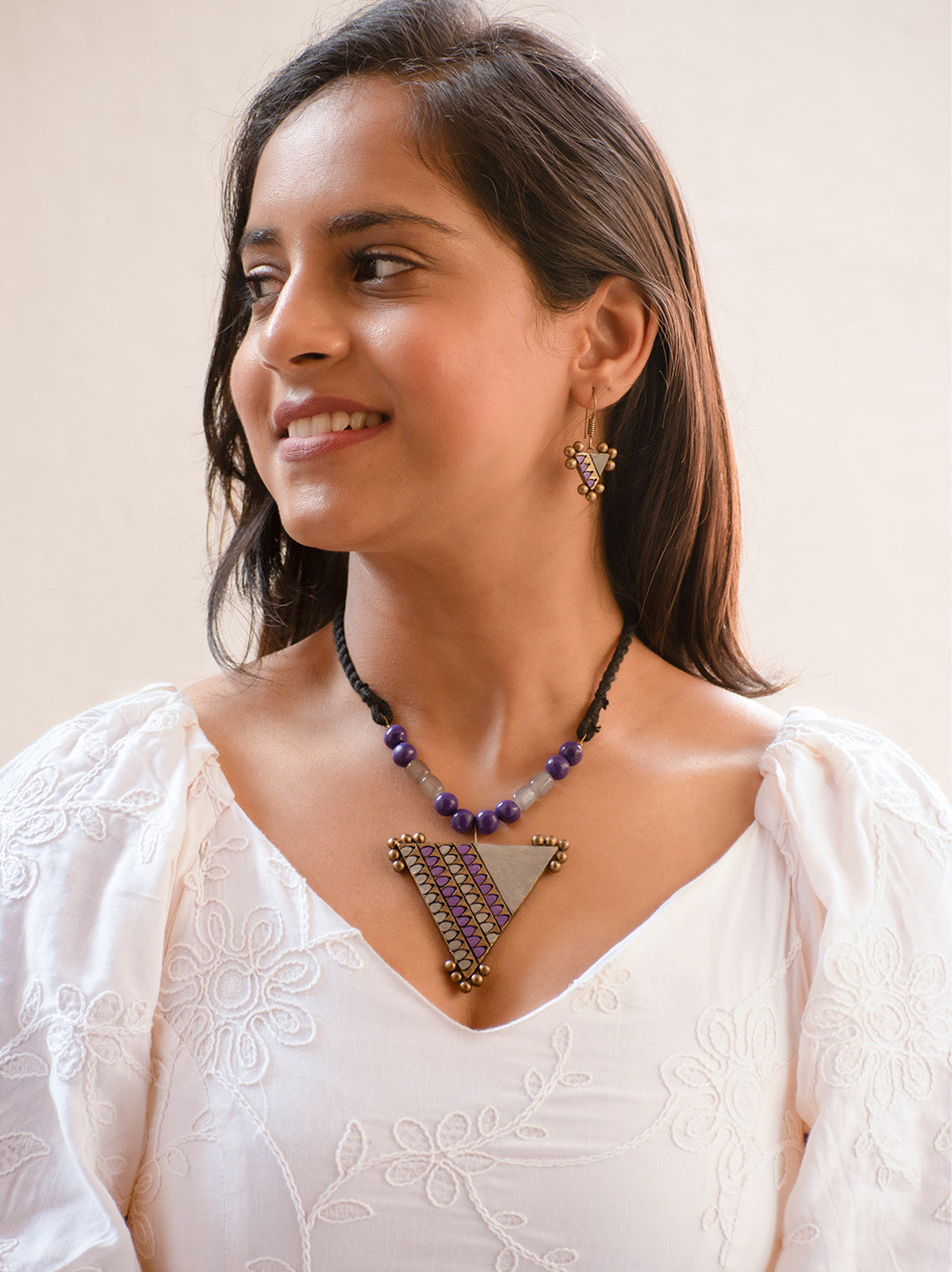 Lavender and Grey Geometric Design Handmade Terracotta Necklace Set