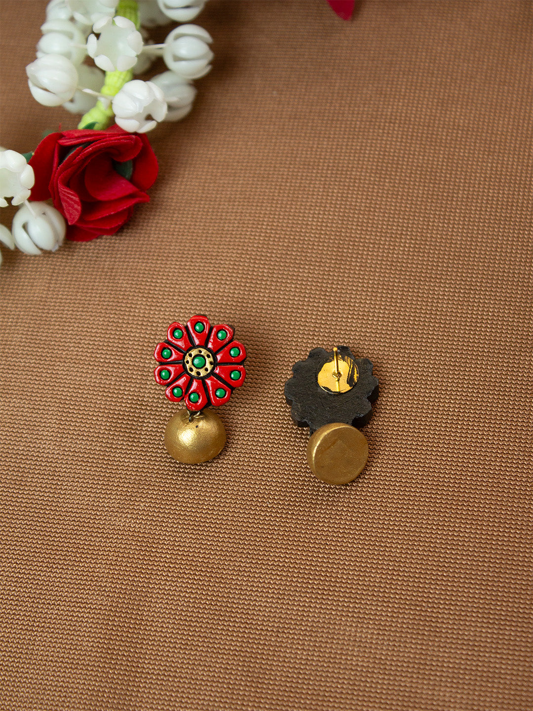 Red and Gold Flower Design Hand-Painted Terracotta Earrings