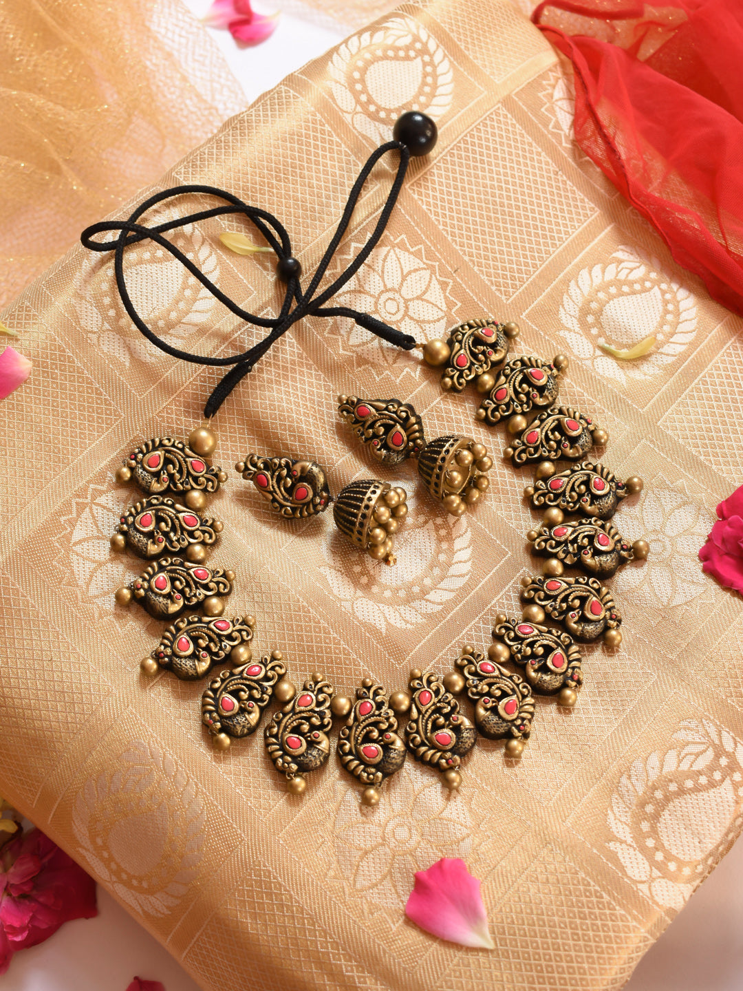 Antique Gold Pink Peacock Design Handmade Terracotta Necklace Set
