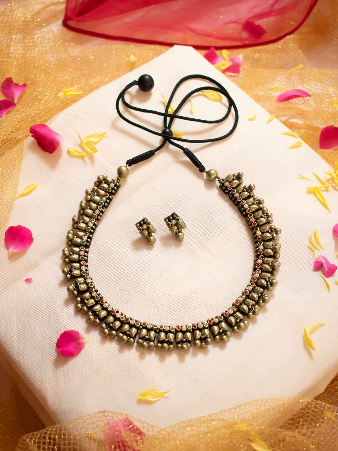 Mango Design Temple Antique Gold Red White Green Kundan Handmade Terracotta Necklace Set