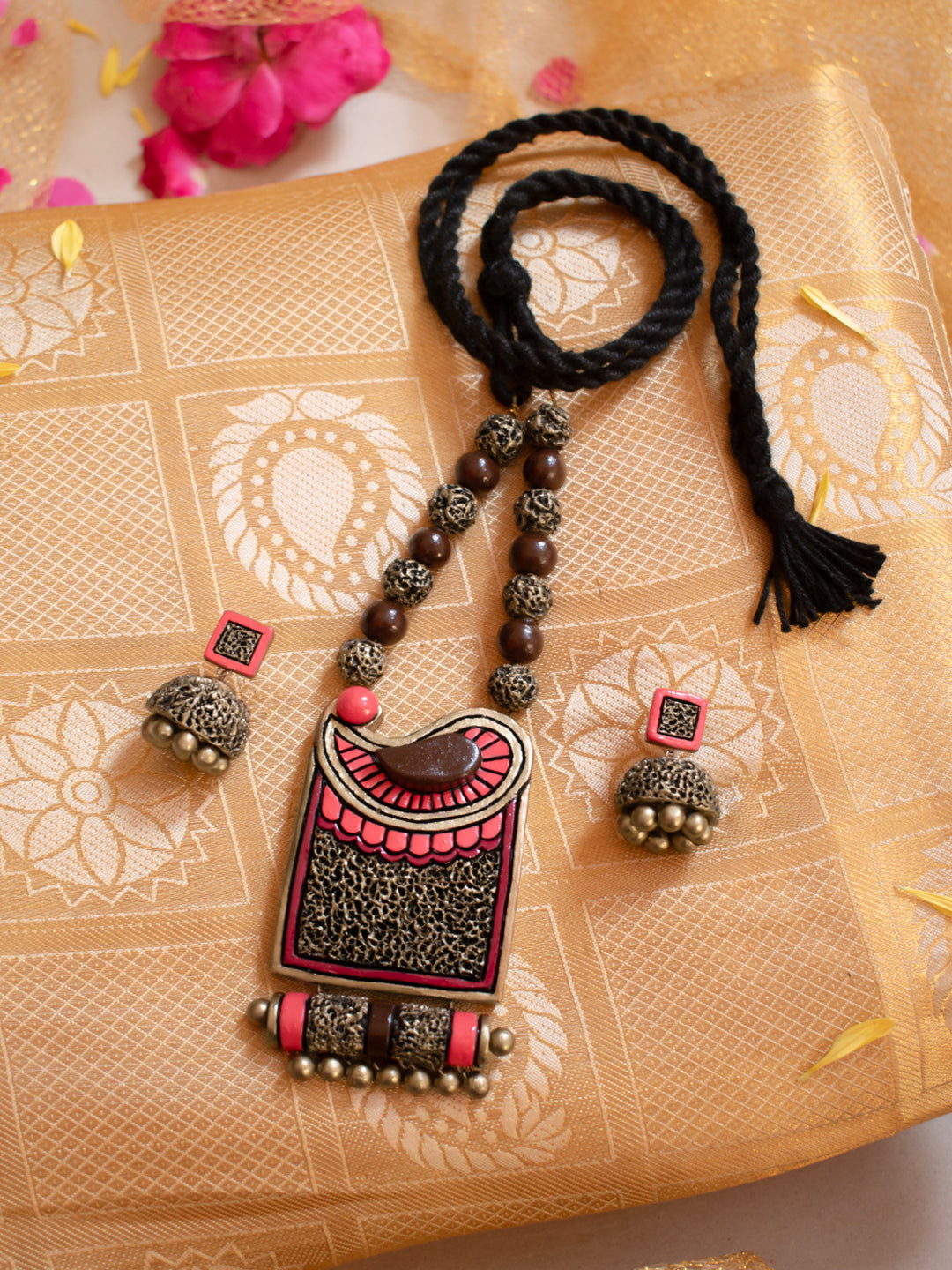 Pink Dark Pink and Antique Bronze Paisley Art Design Handmade Terracotta Necklace Set