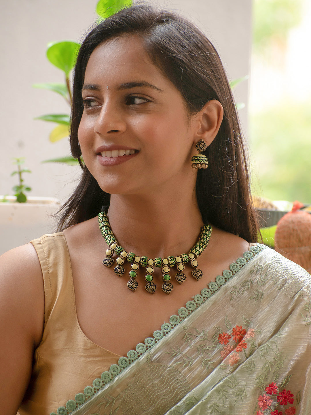 Green & Yellow Ethnic Beaded Necklace Set with Antique Finish Handmade Terracotta Necklace Set