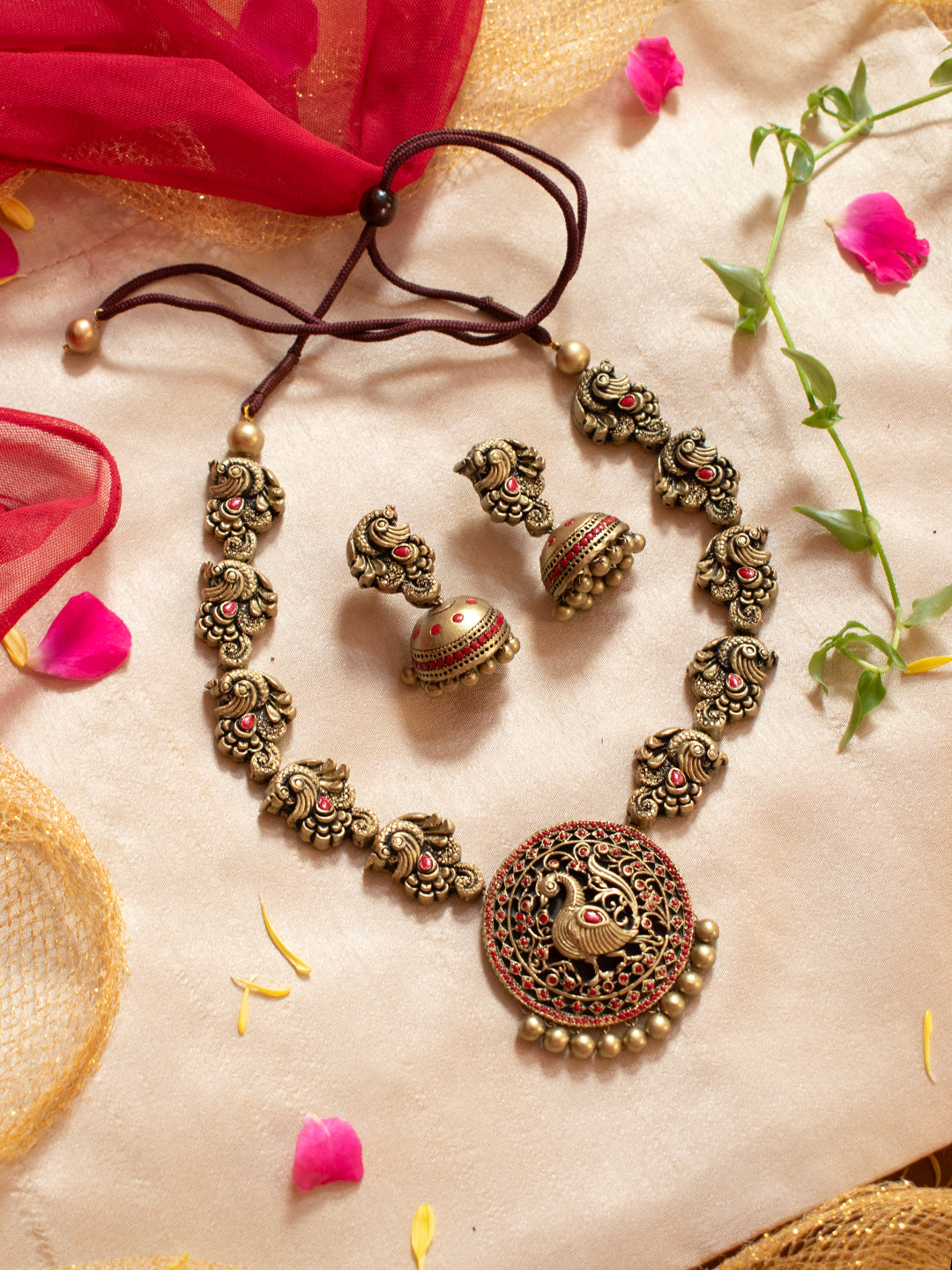 Antique Gold Peacock Design Filgree Work Handmade Terracotta Necklace Set
