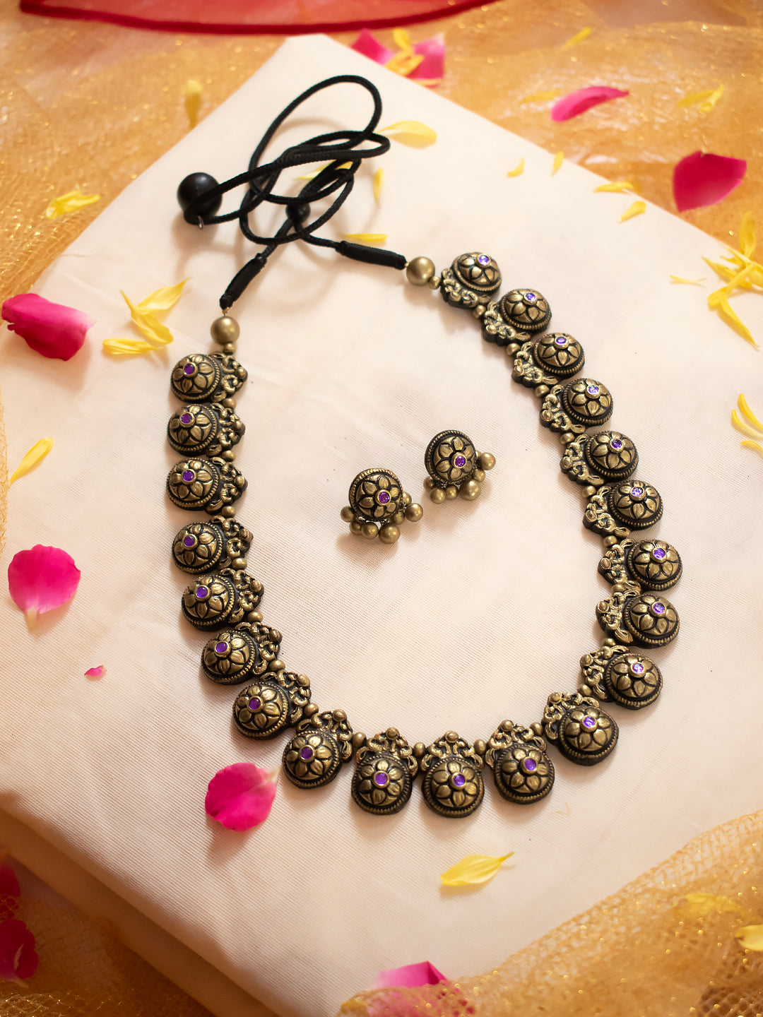 Antique Gold Lavender Kundan Stone Floral Circular Design Handmade Terracotta Necklace Set