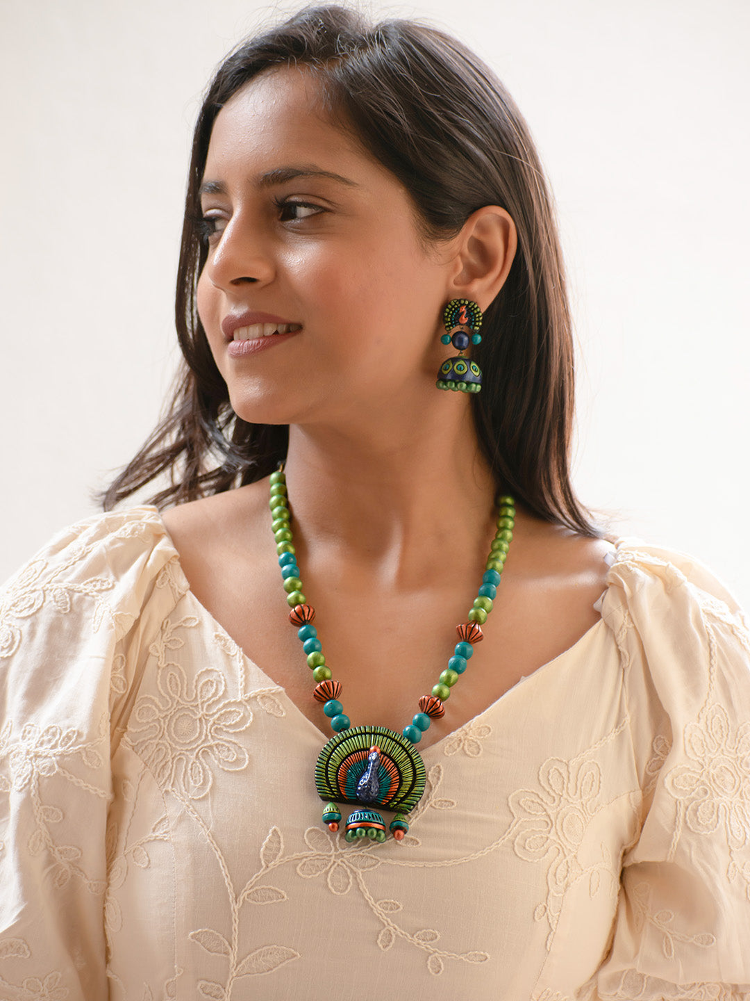 Peacock Design Green and Blue Handmade Terracotta Necklace Set