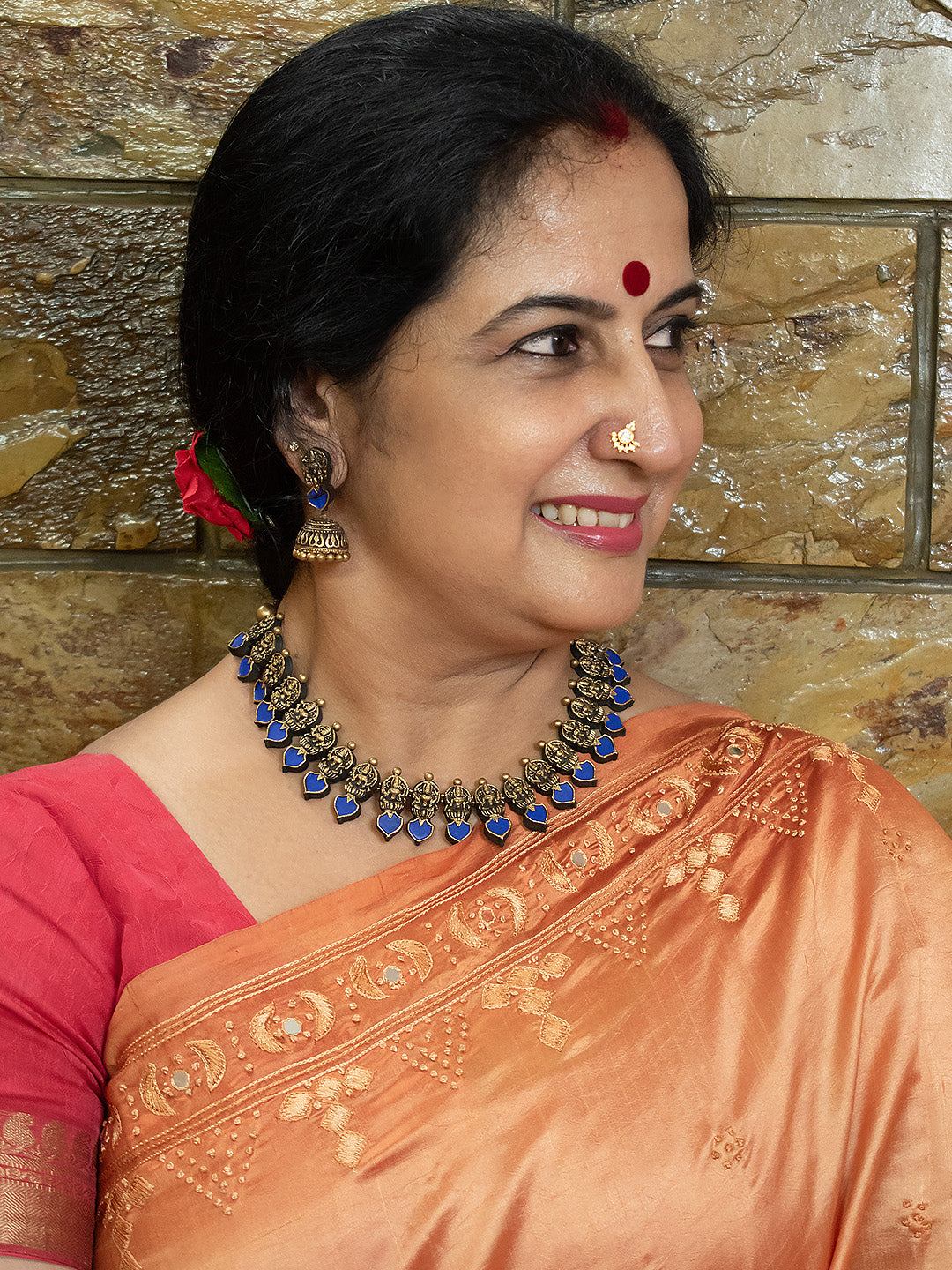 Antique Gold Blue Lakshmi Design Temple Terracotta Necklace Set