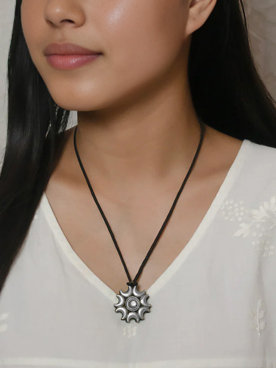 Silver Half Moon Design Handmade Terracotta Necklace Set