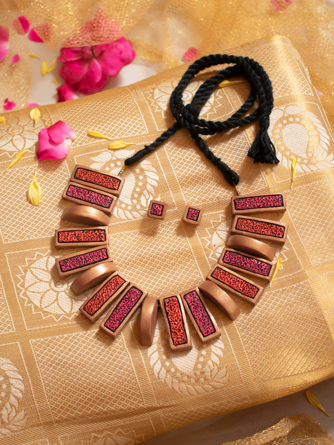 Pink Orange and Gold Fringe Boho Pattern Handmade Terracotta Necklace Set