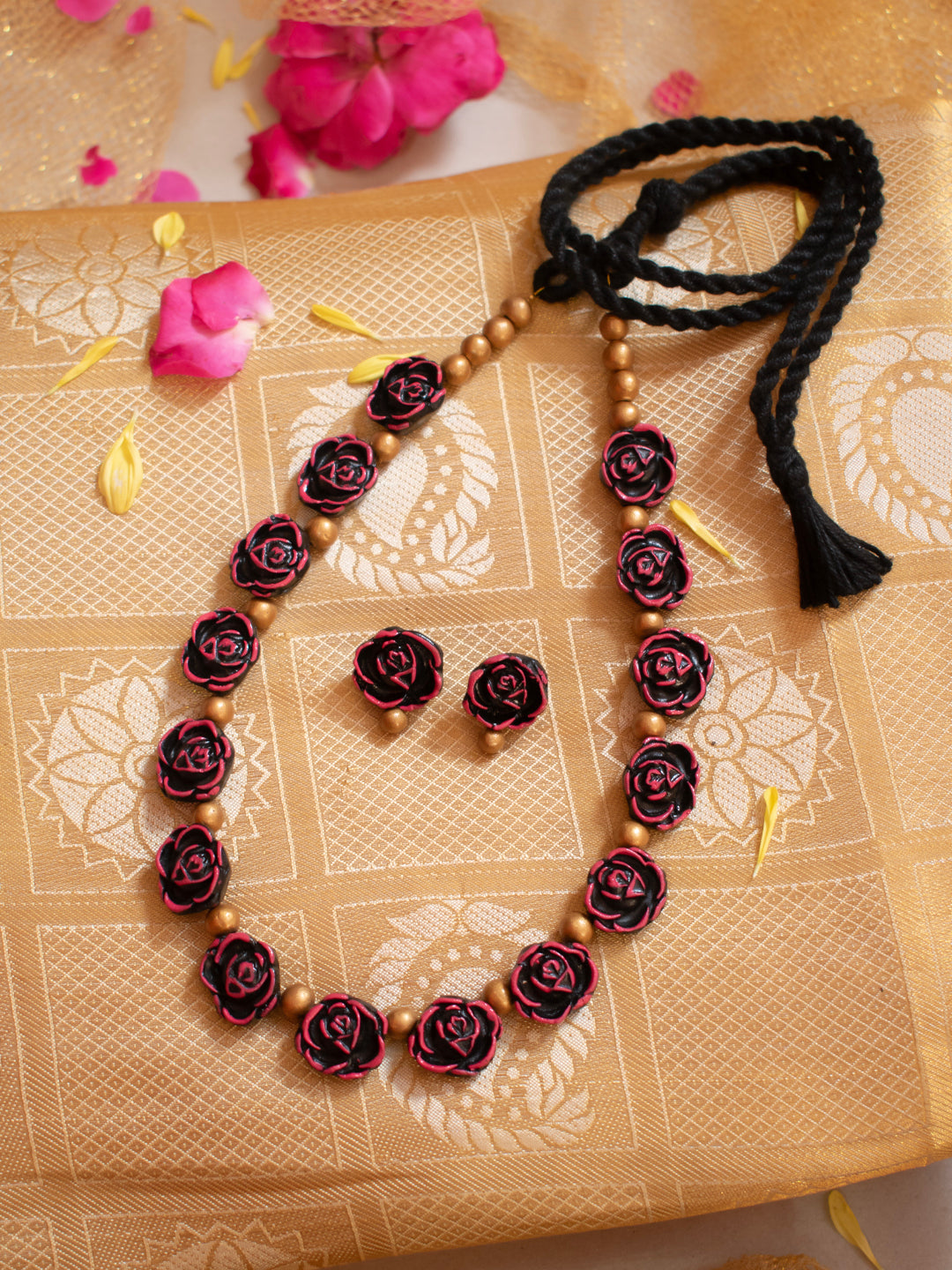 Pink and Gold Rose Floral Design Minimalistic Handmade Terracotta Necklace Set