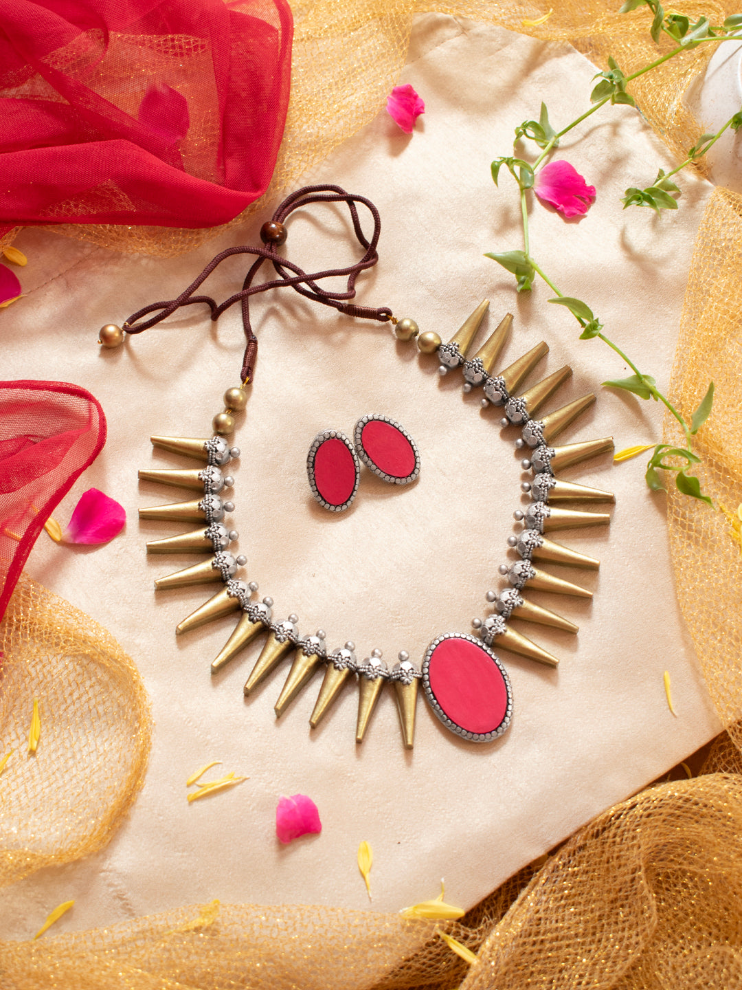 Antique Gold Antique Silver and Pink Spike Boho Tribal Design Handmade Terracotta Necklace Set