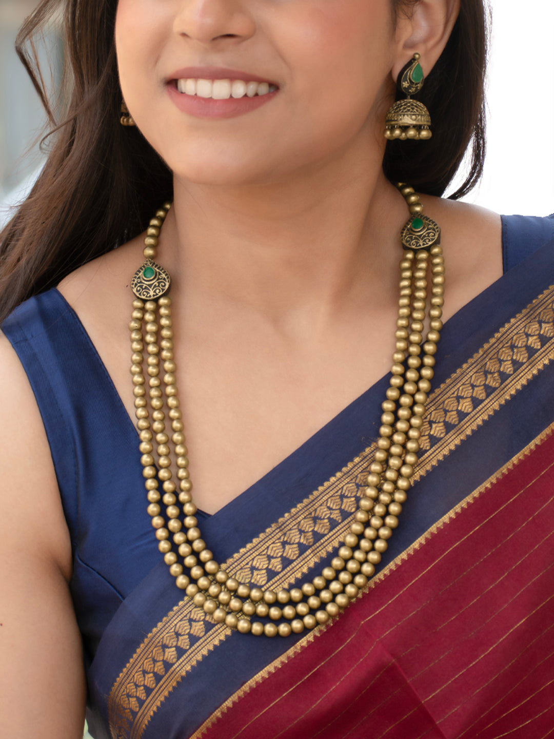 Antique Gold Green Rani Haar Three Layered Long Mala Handmade Terracotta Necklace Set