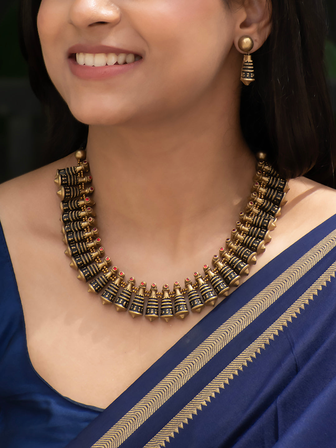 Antique Gold Red Kundan Stone Conical Fringe Boho Design Handmade Terracotta Necklace Set